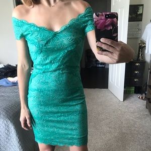 bebe Off the Shoulder Lace Dress